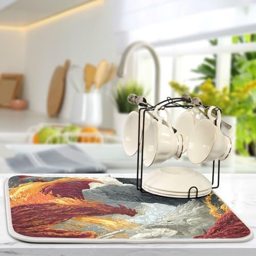 OTVEE Dragon Grandeur Two Realms Dish Drying Mat for Kitchen Counter