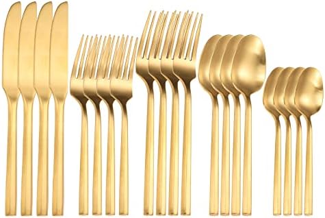 Matte Silverware Set Gold Flatware Set with Hexagon Handle 20 Pieces