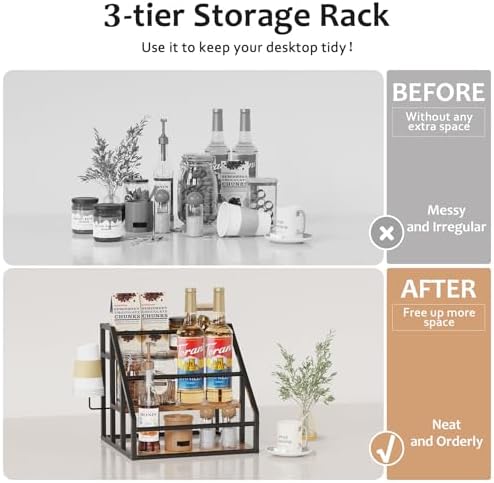 Coffee Syrup Rack Organizer, 3-Tier, 12-Bottle Stand, Rustic Brown