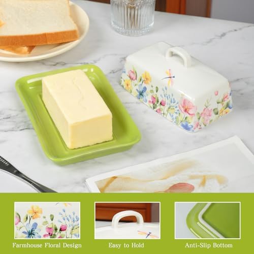 Ceramic Butter Dish with Lid for Countertop and Refrigerator Door