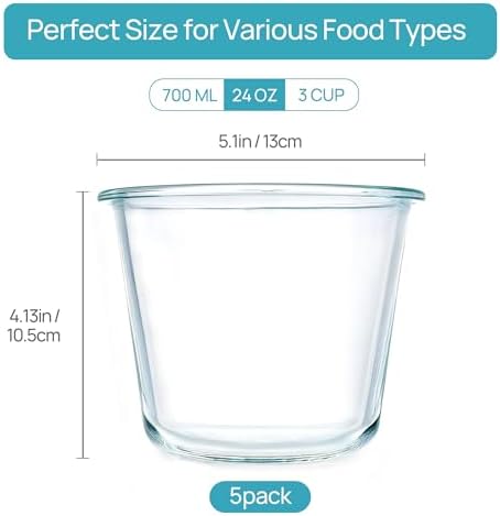 Vtopmart 5 Pack 3 Cup Glass Soup Container Set with Airtight Lids