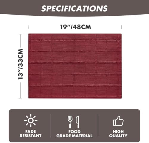 ZeeMart Linen Checked Farmhouse Placemats Set of 6, Burgundy 13x19in