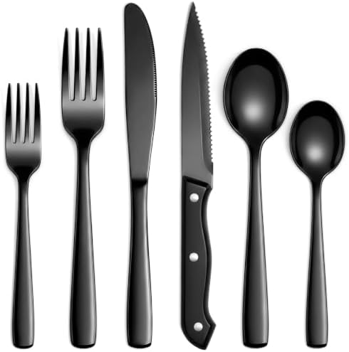 Hiware 48-Piece Black Silverware Set for 8, 18/8 Stainless Steel Flatware Cutlery Set with Forks, Knives, Spoons, Steak Knives, Durable and Elegant Design Utensils Tableware - Dishwasher Safe