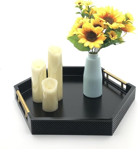 Serving Tray with Polished Metal Handles, Hexagon Coffee Table Tray