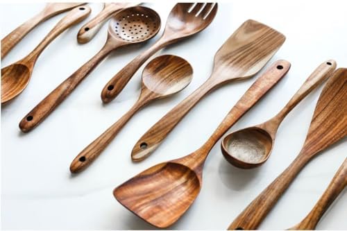 6 Piece Natural Teak Wooden Kitchen Utensil Set with Spoon Rest