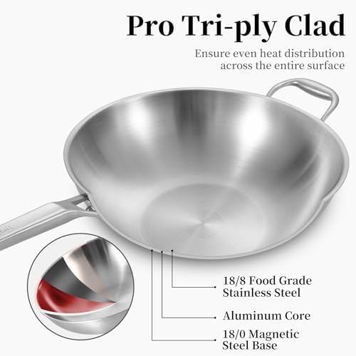 Inqibee 13 Inch Stainless Steel Wok with Lid, Detachable Handle