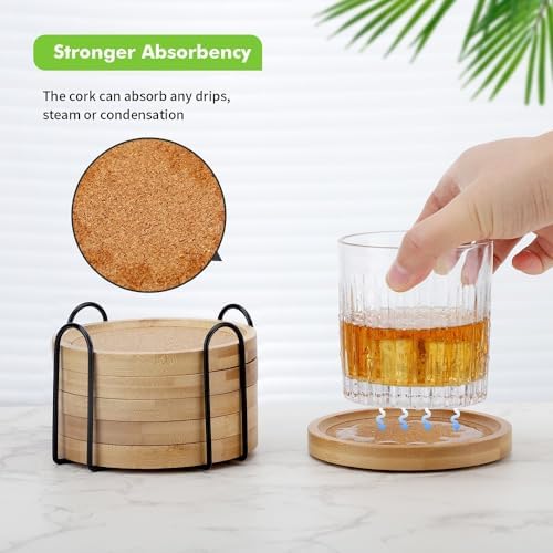 Bamboo Cork Coasters for Drinks Absorbent with Holder Set of 6, Bamboo