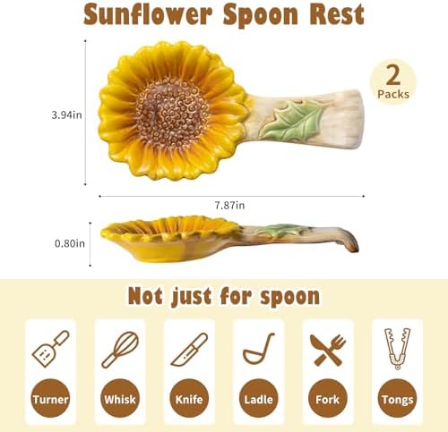 2 Pack Spoon Rest for Stove Top, Sunflower Ceramic Spoon Holder for