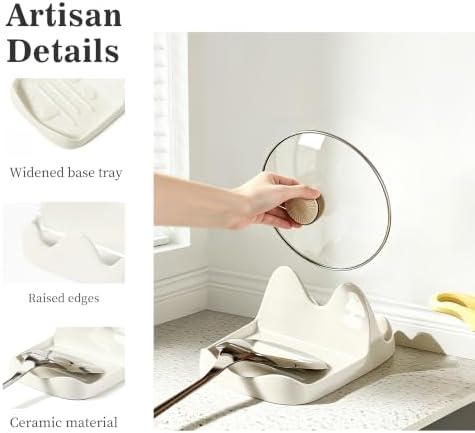 Ceramic Spoon Rest and Pot Lid Holder for Countertop, Heavy Duty