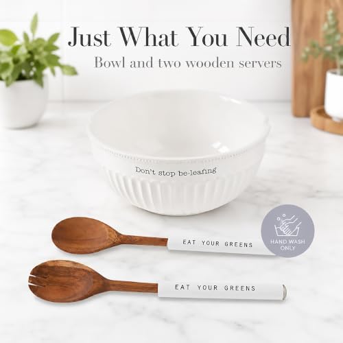 Mud Pie Dolomite, wood Don't Stop Be-Leafing Salad Bowl Set, 32 oz