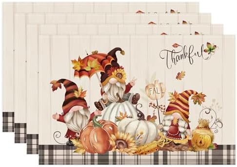 Bonhause Gnomes Pumpkins Fall Placemats Set of 4, 12x18 Inch Autumn