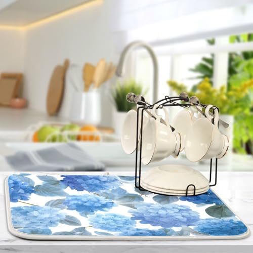 OTVEE Elegant Hydrangea Flower Art Dish Drying Mat for Kitchen Counter