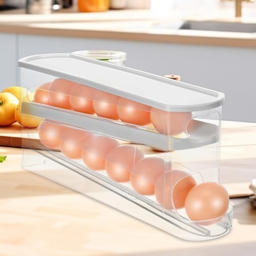 Cabilock Auto Rolling Egg Dispenser for Refrigerator, Clear Tiered Egg