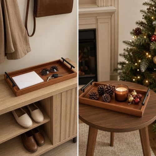 Wooden Serving Tray 20“×8” Black Metal Handles, Decorative Rustic Wood