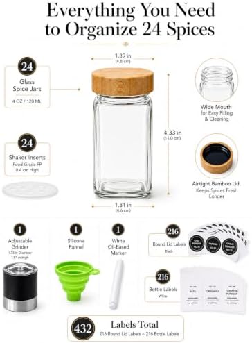 Spice Jar Set, 24 Pcs 4oz Glass Spice Jars with Labels and Bamboo