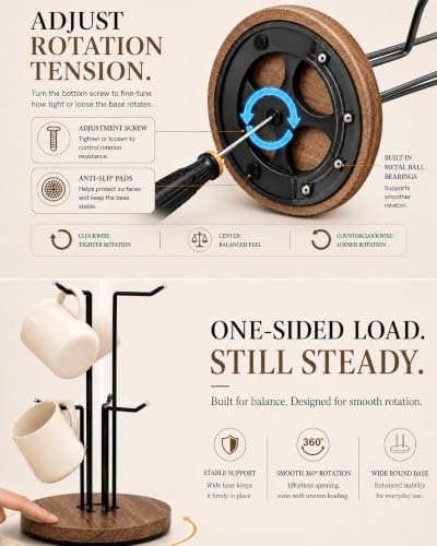 360° Rotating Coffee Mug Holder, 6-Hook Mug Tree for Large Cups