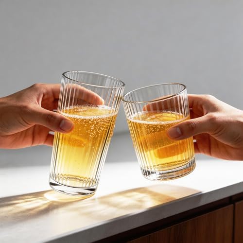 12PCS Ribbed Drinking Glasses - 6 Highball Glasses 8oz, 6 Rocks Glass