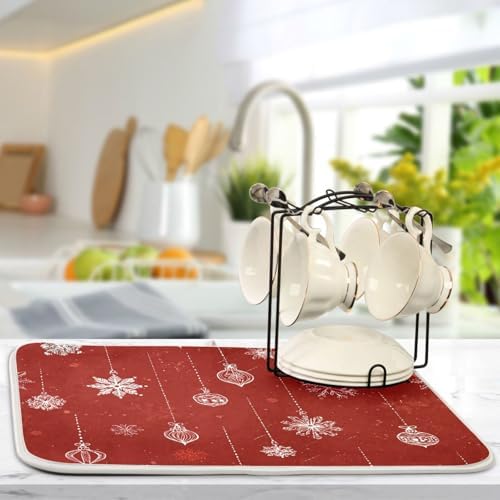 OTVEE Festive Red Ornaments Dish Drying Mat for Kitchen Counter
