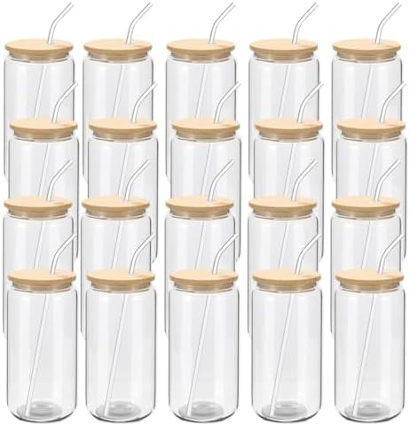 YOUKE OLA 20 Pack Glass Cups with Bamboo Lids and Glass Straw 16oz
