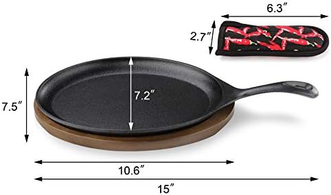 New Star Foodservice 1028614 Commercial Grade Cast Iron Fajita Set, Oval Sizzling Skillet, Japanese Steak Plate with Walnut-Stained Wood Base