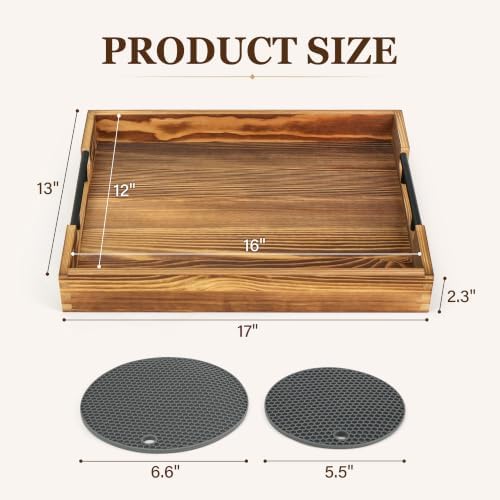 LotFancy Wood Serving Tray with Metal Handles, 17x13 Inch Tray for