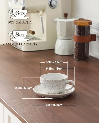 MALACASA 8 OZ Cappuccino Cups with Saucers, Embossed Latte Mugs Set of