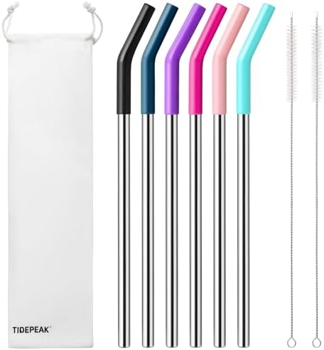 6 Packs Reusable Stainless Steel Straws with Silicone Tips and Travel