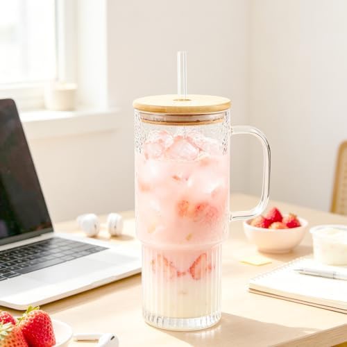 32 oz Glass Tumblers with Handle, Glass Cup with Bamboo Lid & Straw