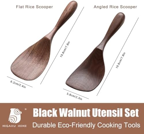 Black Walnut Wooden Cooking Spoons Set - 1 Flat + 1 Angled Rice