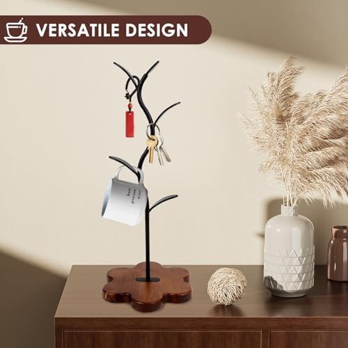 UKQRRTC Coffee Mug Holder Leaf Shape Mug Tree with Flower Wood Base