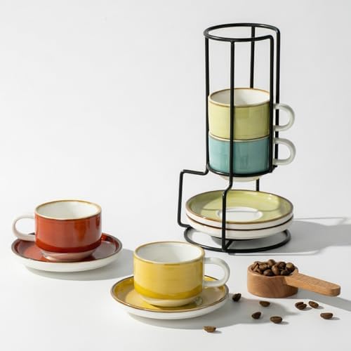 ONEMORE 2.5 Oz Espresso Cups Set of 4, Stackable Porcelain Coffee Cups
