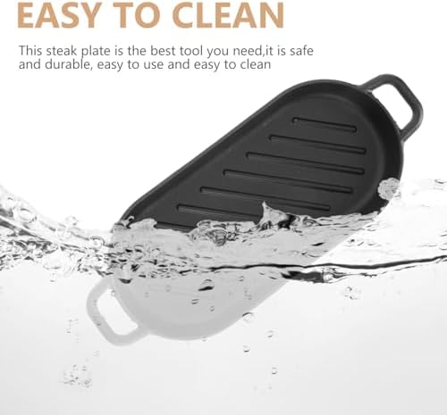 DOITOOL Cast Iron Plate for Grilling Steak Plate Teppanyaki for Steak Eel and Grilled Fish 10.62 X 4.92 X 0.78 in with Wooden Tray for Home Cooking Party Serving and Barbecue