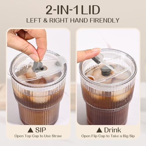 13oz Iced Coffee Cups,2Pcs Glass Cups with Lids and Straws Drinking