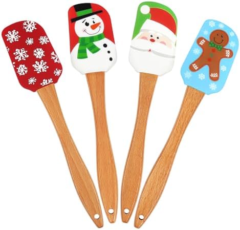 BOYAN 4PCS Christmas Silicone Spatula with Wooden Handle for Baking