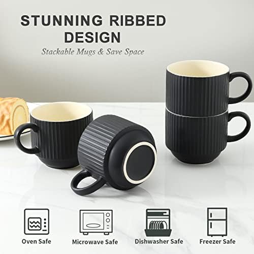 HASENSE Coffee Mug Ceramic Set of 4 with Stand, Stackable Large Latte