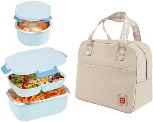 304 Stainless Steel Bento Lunch Box Set with Insulated Bag, Blue