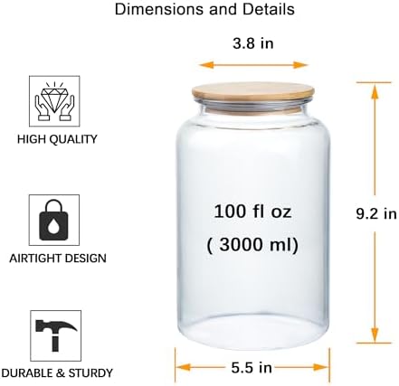 YUEJUM 100 FL oz Unbreakable Apothecary Jars with Airtight Bamboo