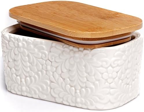 Ceramic Butter Dish with Airtight Bamboo Lid, Large 2-Stick Butter