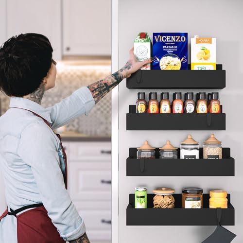 Metal Magnetic Spice Rack for Refrigerator, 4 Pack, Black