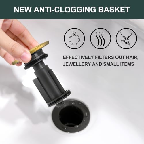 KENES Brushed Gold Pop Up Bathroom Sink Drain Assembly with Overflow