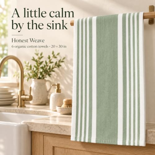 HONEST WEAVE Organic Cotton Kitchen Towels, Sage Stripe, 6-Pack, 20x30