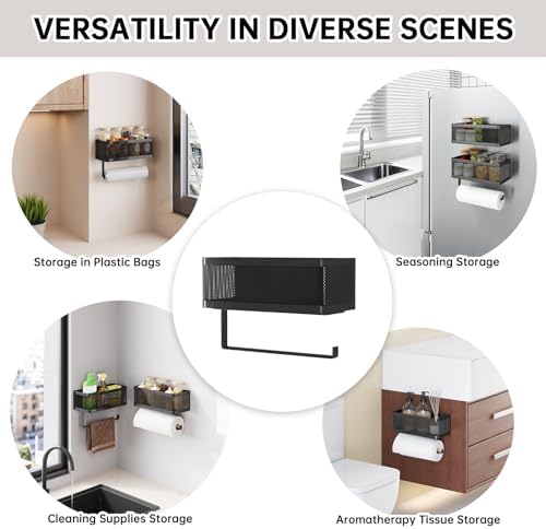 Black Wall-Mount Paper Towel Holder with Spice Rack