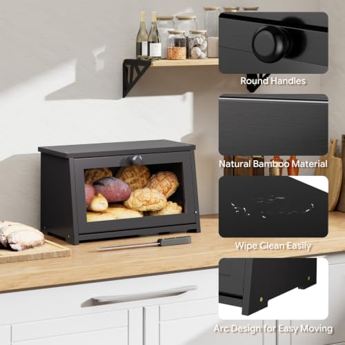 Simple Trending Bamboo Bread Box for Kitchen Countertop, Black