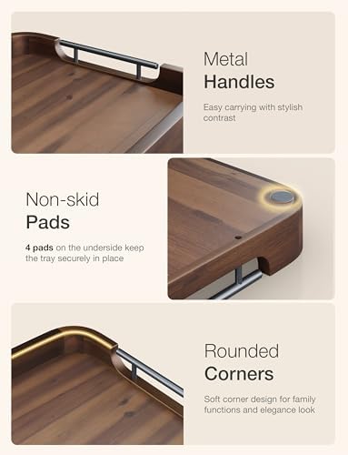 TIDITA 17"x13" Rectangular Wooden Serving Tray, Metal Handles, Walnut