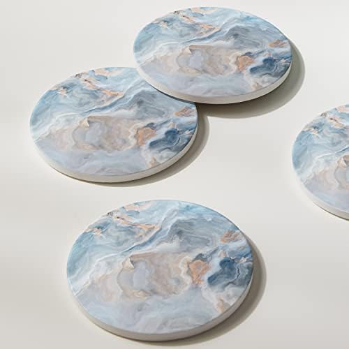 Set of 6 Abstract Blue Marble Coasters with Holder, Absorbent Ceramic