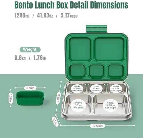 Stainless Steel Bento Lunch Box, 5 Compartments (Green)