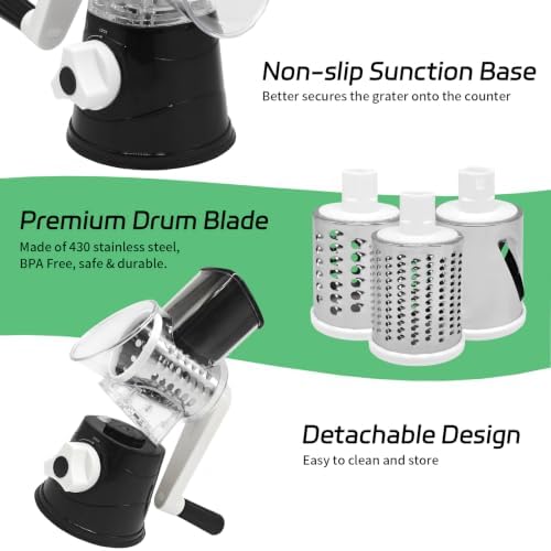 Rotary Cheese Grater, Hand Crank, 3 Blades, Black