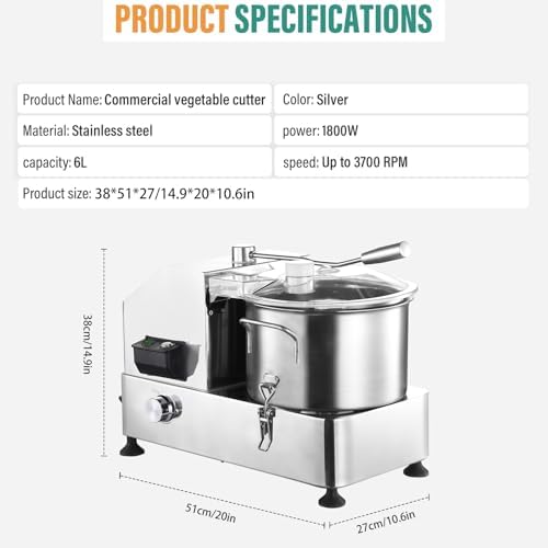 1800W Stainless Steel Food Processor, 6L Commercial Capacity