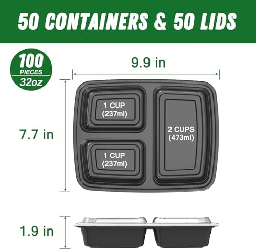 Dealusy 50 Pack 32 oz Meal Prep Containers with Lids 3-Compartment