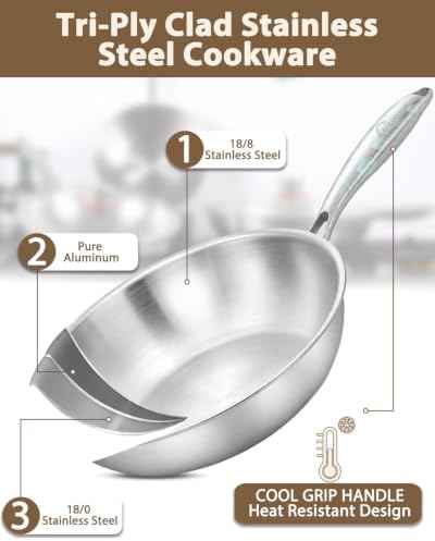 13-Inch Tri-Ply Stainless Steel Wok Pan with Lid | Detachable handle